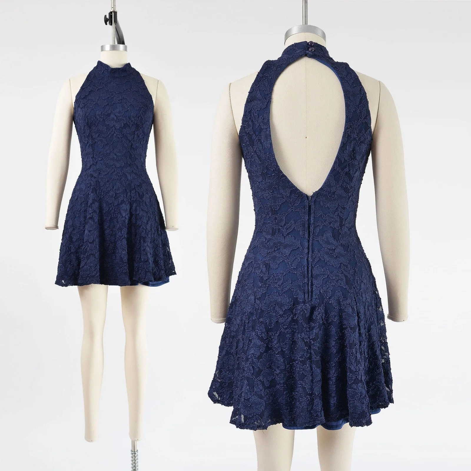 Vintage 90s Navy Lace Skater Dress Open Back Sleeveless Fit and Flare Mini size XS