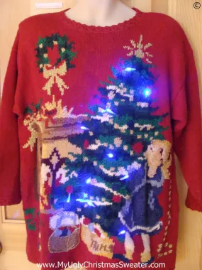 Vintage Funny Christmas Sweater with Lights 80s Huge Tree