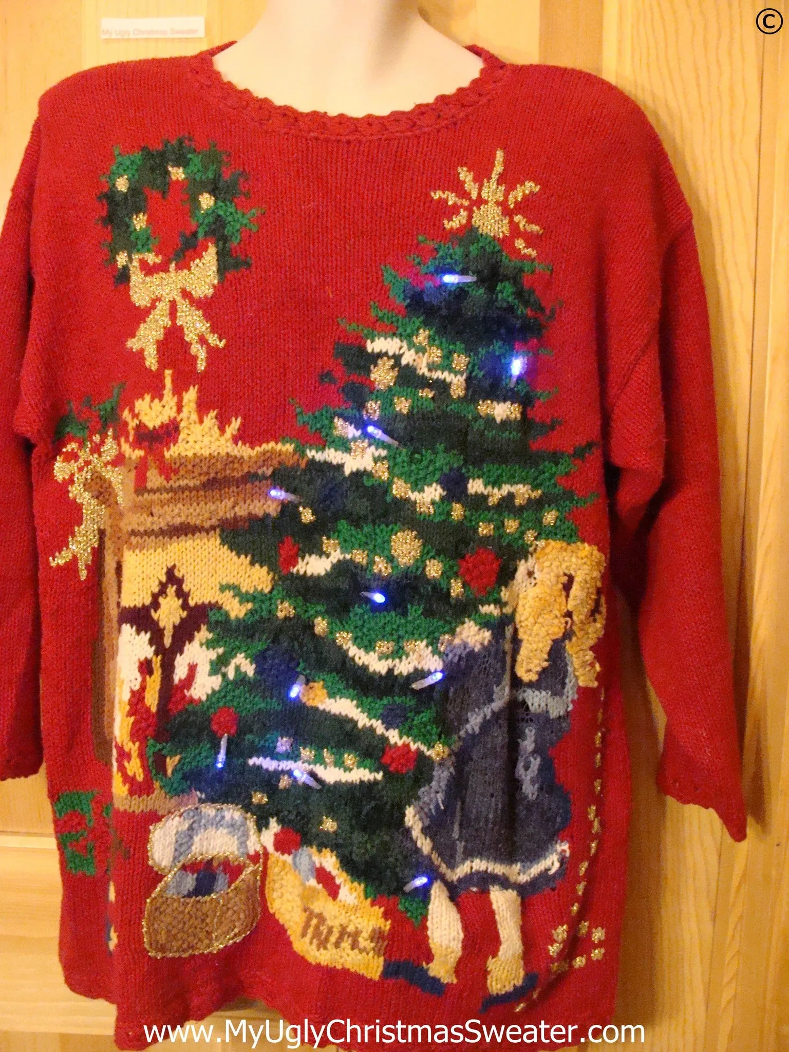 Vintage Funny Christmas Sweater with Lights 80s Huge Tree