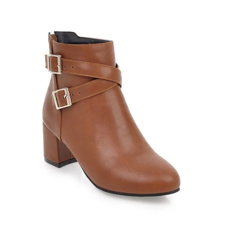 Women buckle strap back zipper solid color chunky heel short boots