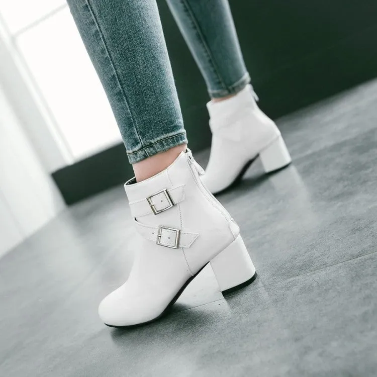 Women buckle strap back zipper solid color chunky heel short boots