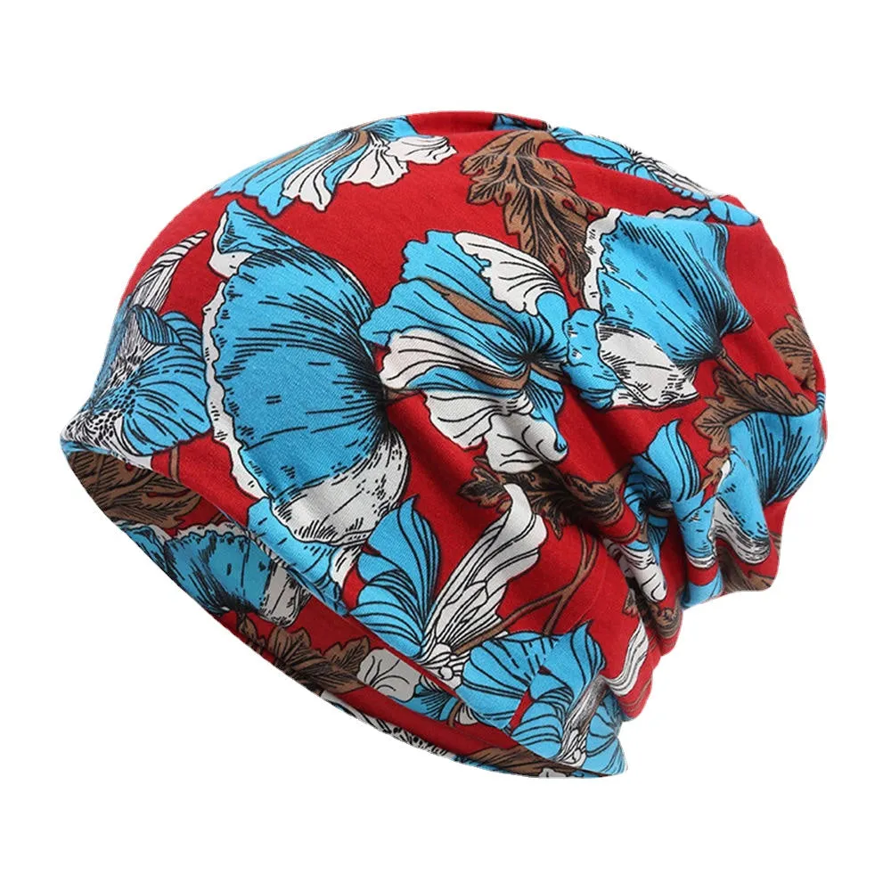 Women Cotton Multi-purpose Flower Pattern Printing Beanie Cap Bib Headscarf