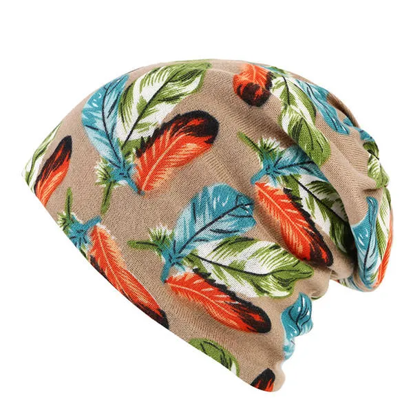 Women Cotton Print Dual Use Beanie Cap Causal Windproof  Collar Scarf