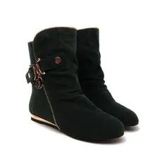 Women fashion buckle strap side zipper short flat boots