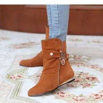 Women fashion buckle strap side zipper short flat boots