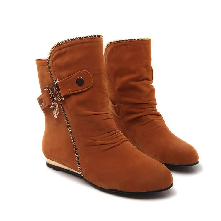 Women fashion buckle strap side zipper short flat boots