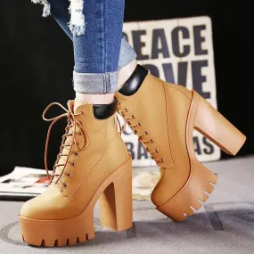 Women prom high chunky platform lace up short heeled boots