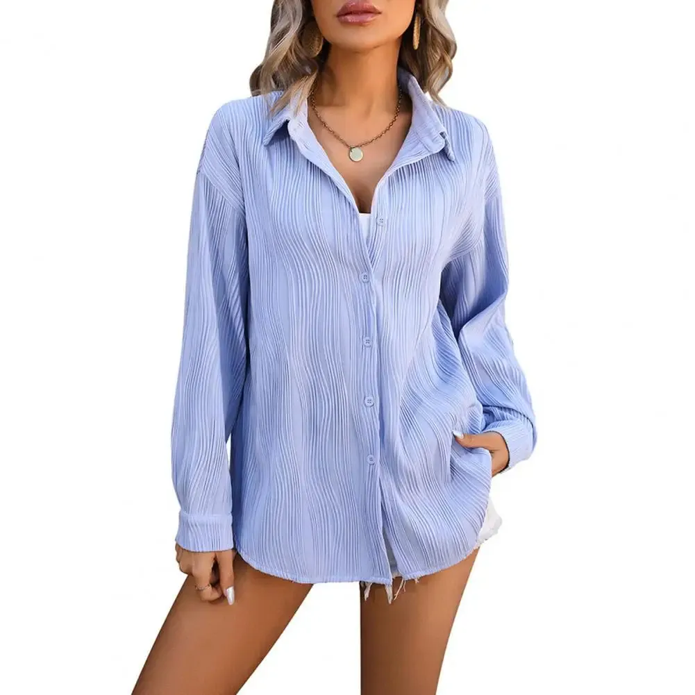 Women Spring Shirt Lapel Long Sleeve Button Down Solid Color Blouse