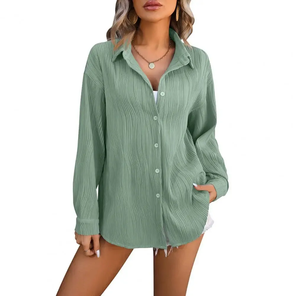 Women Spring Shirt Lapel Long Sleeve Button Down Solid Color Blouse