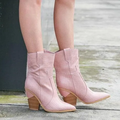 Women stacked block heel pointed toe mid calf oots