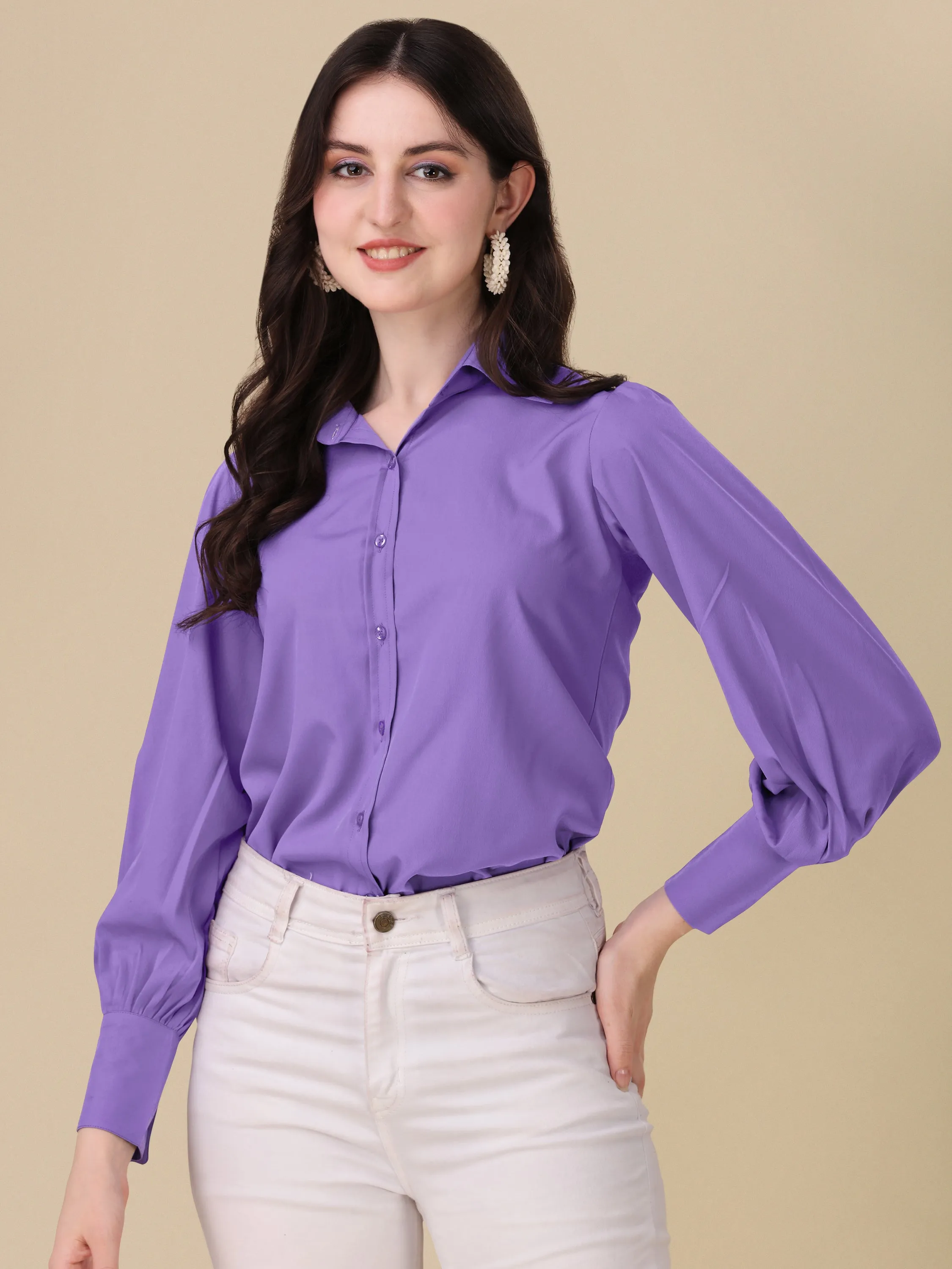 Women Trendy Regular Fit Solid Spread Collar Casual Shirt