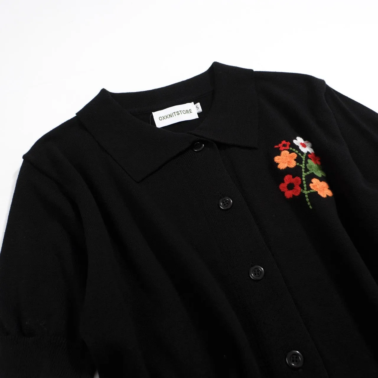 Women's black vintage embroidered floral cardigan top