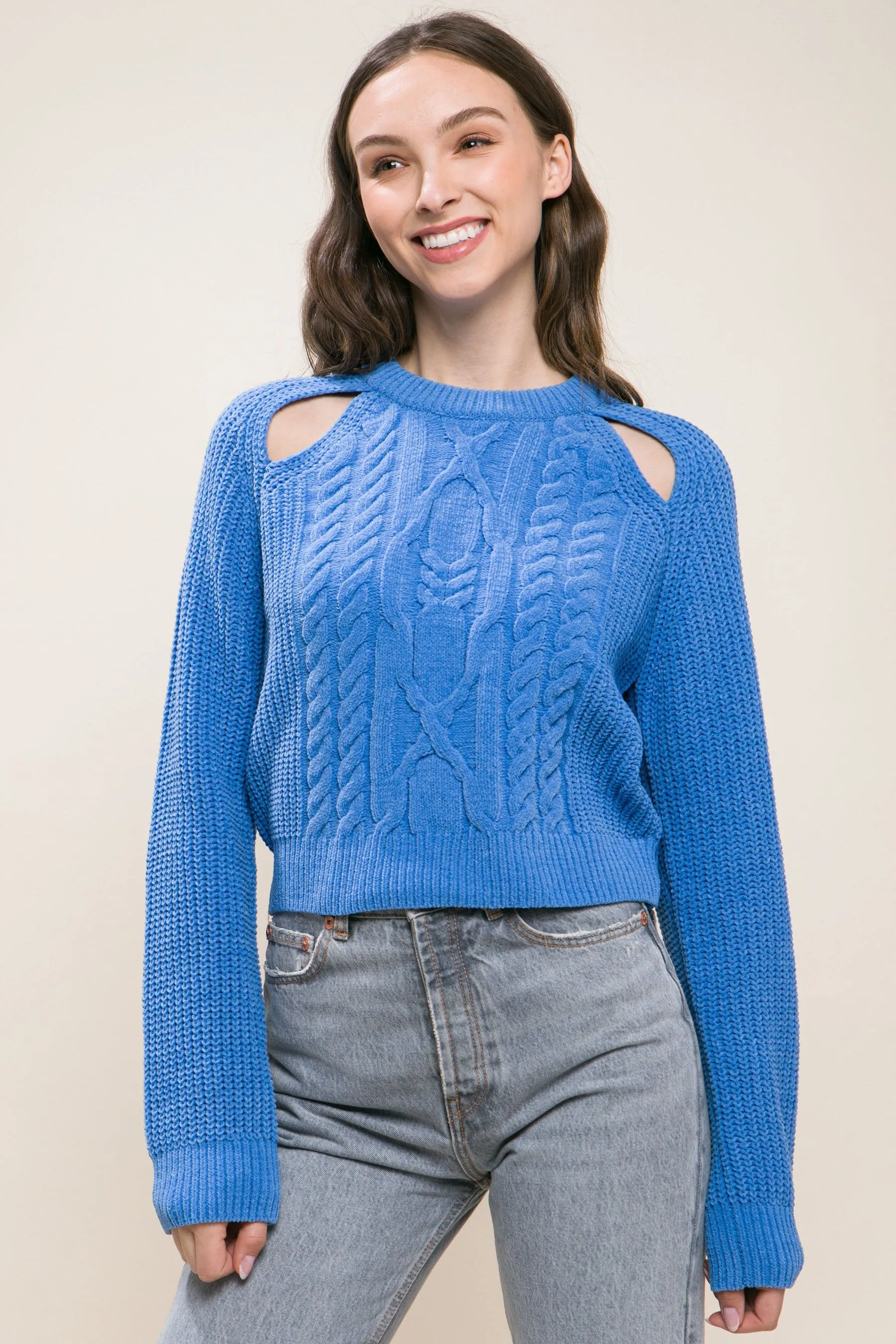 Women's Knit pullover sweater with cold shoulder detail