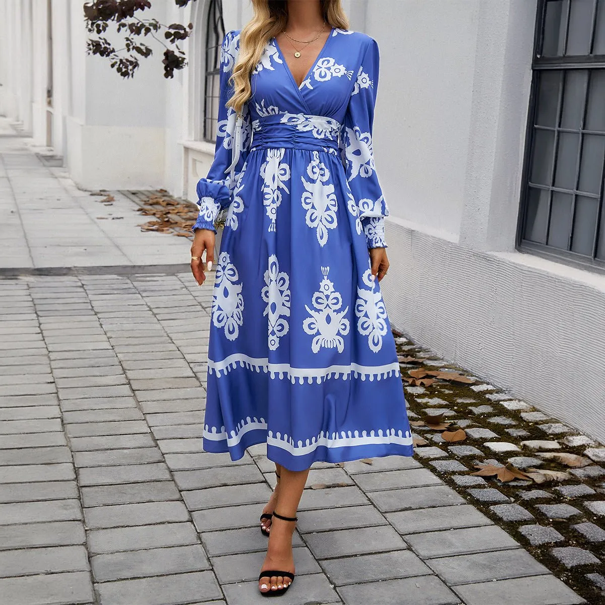 Women's Long Sleeve Dress 3D Effect Printing Mid-Length Skirt - White/Blue/Black/Army Green - Sizes S-2XL