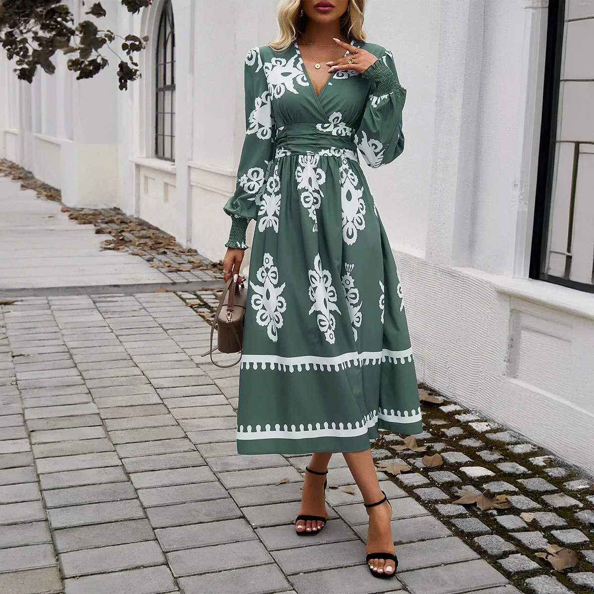 Women's Long Sleeve Dress 3D Effect Printing Mid-Length Skirt - White/Blue/Black/Army Green - Sizes S-2XL