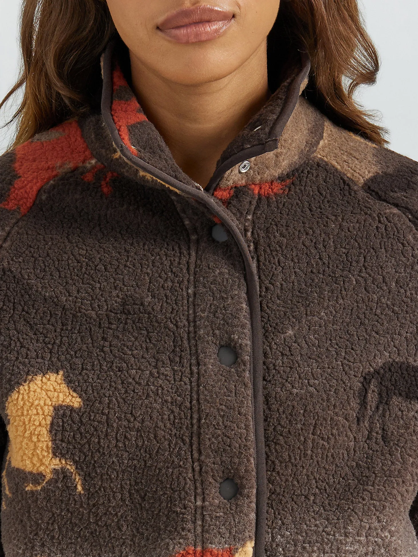 Women's Retro Printed Sherpa Snap Jacket - Stallion Brown