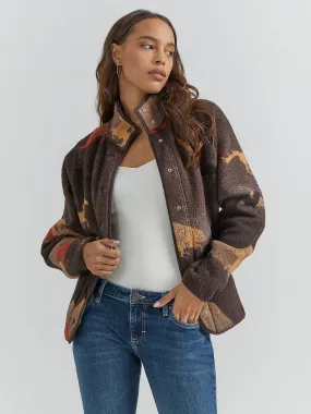 Women's Retro Printed Sherpa Snap Jacket - Stallion Brown