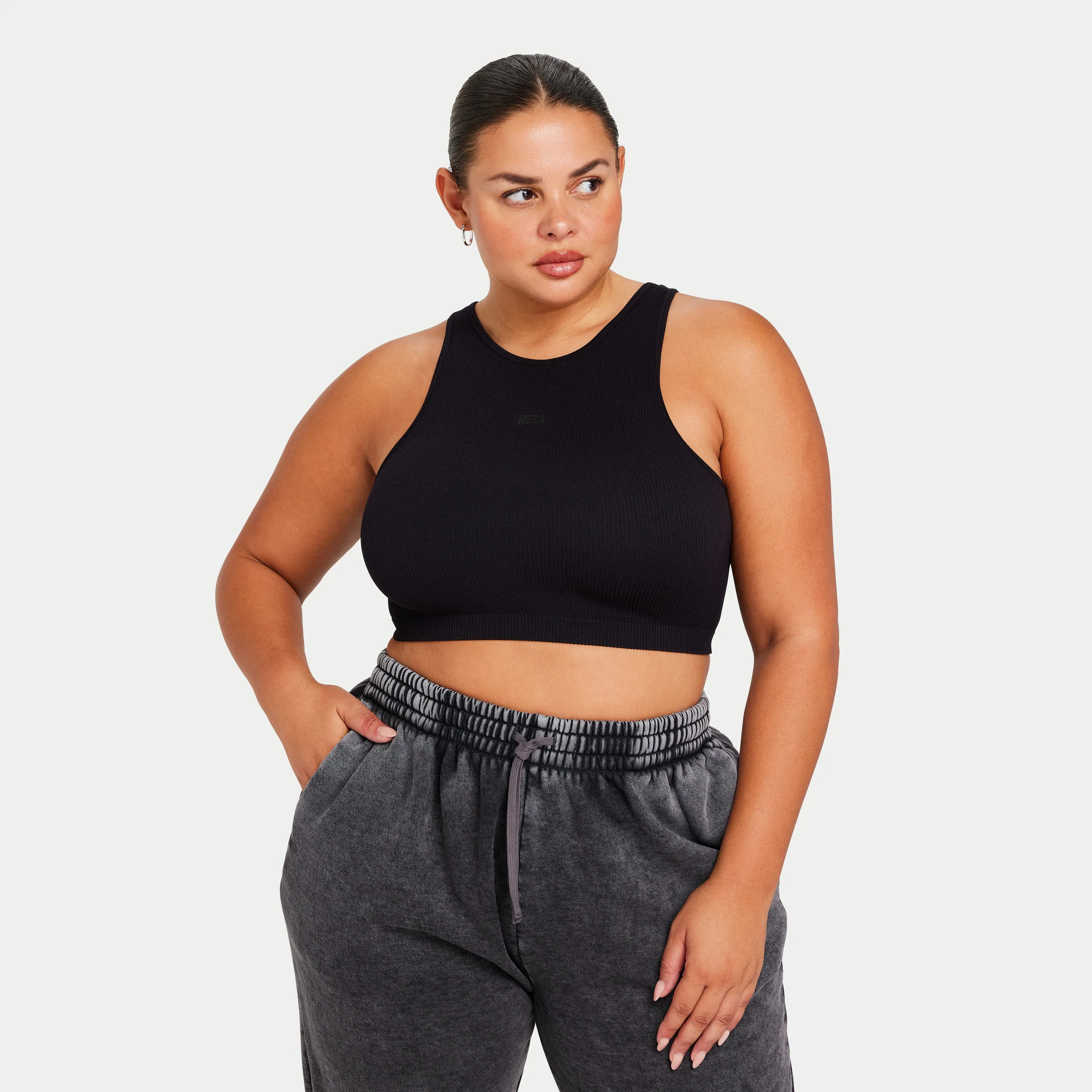 Womens Ribbed Base Racer Crop Top - Black