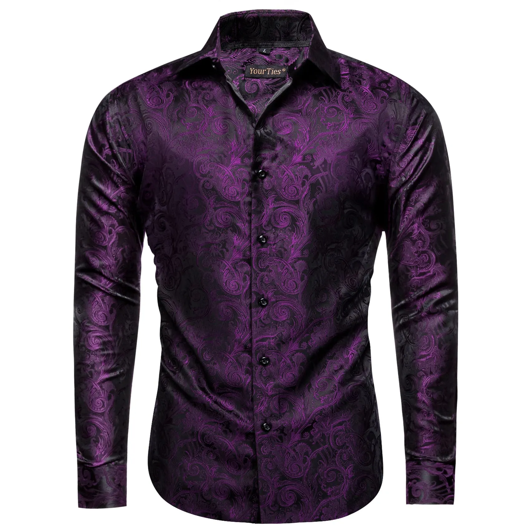 YourTies Black Purple Mens Top Long Sleeve Paisley Jacquard Silk Shirt