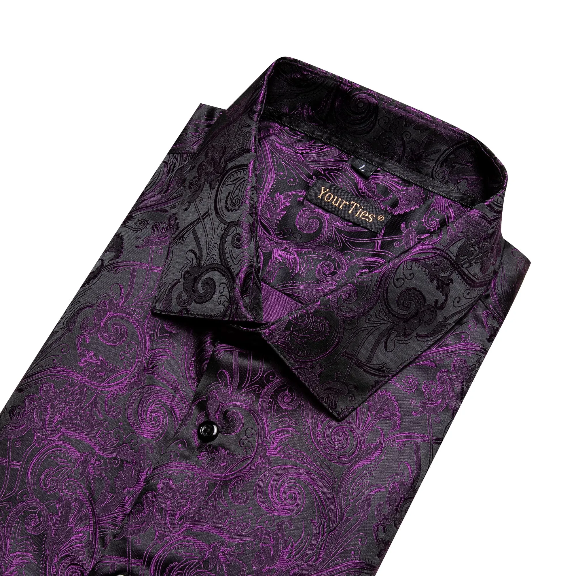 YourTies Black Purple Mens Top Long Sleeve Paisley Jacquard Silk Shirt