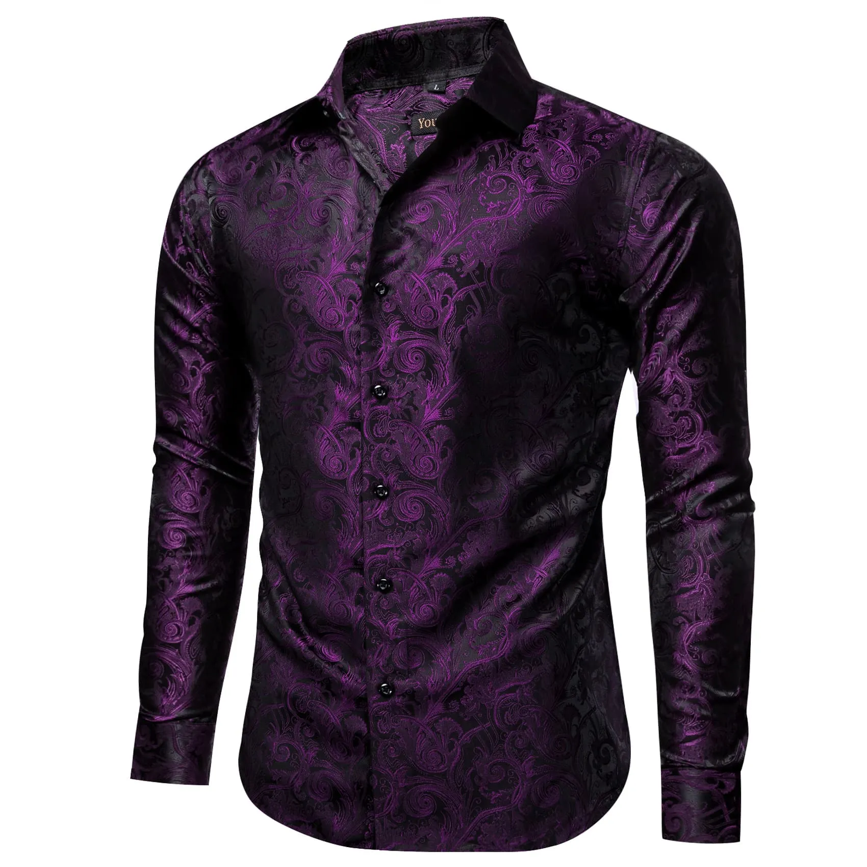 YourTies Black Purple Mens Top Long Sleeve Paisley Jacquard Silk Shirt