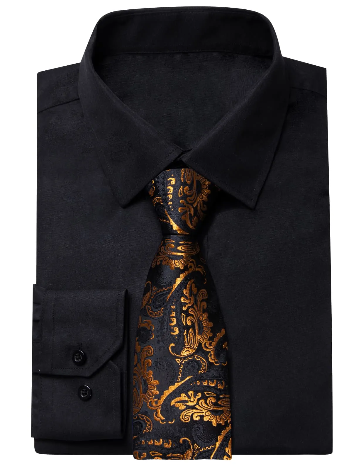 YourTies Black Solid Long Sleeve Shirt with Black Golden Floral Silk Tie for Men