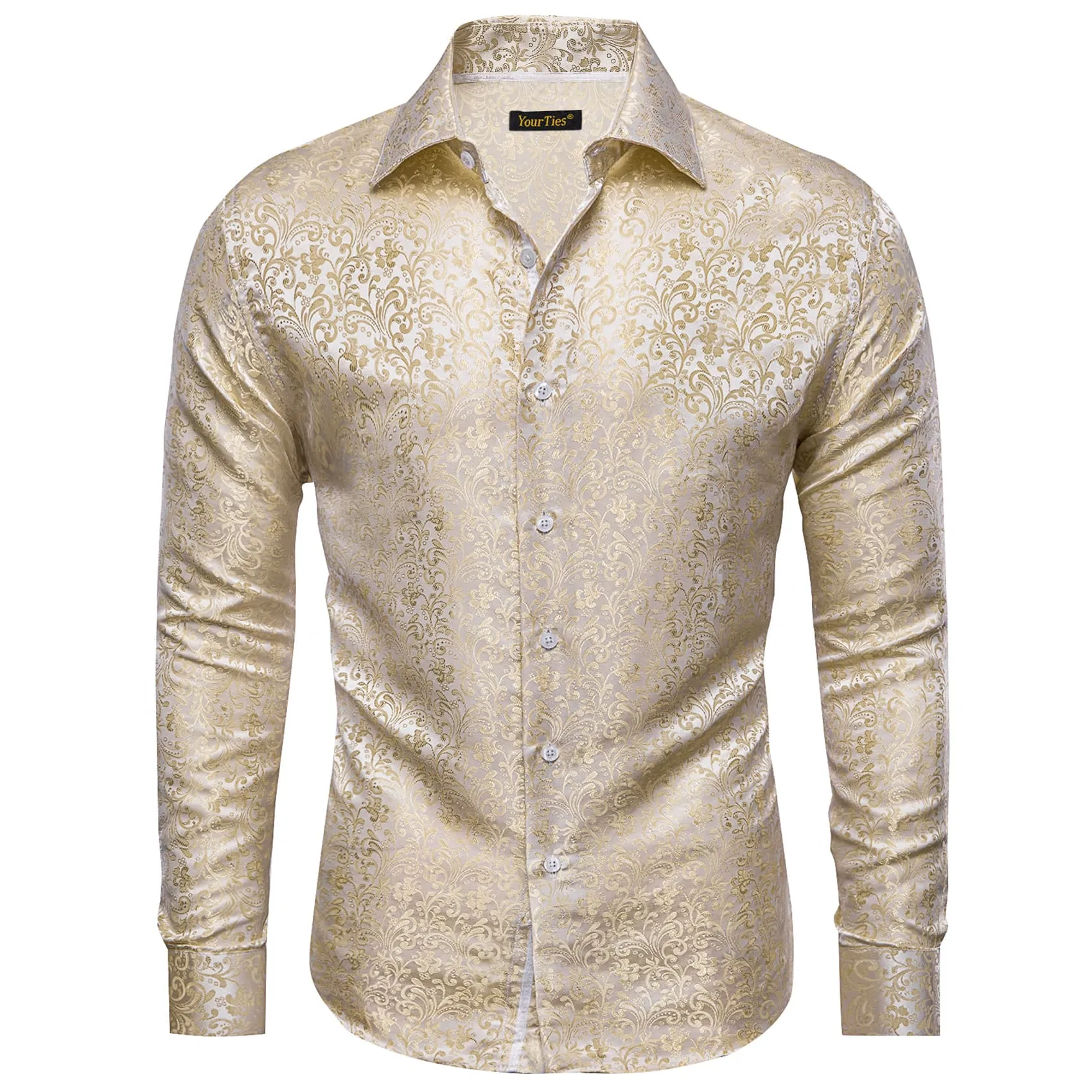 YourTies Champagne Cream Floral Jacquard Men's Silk Long Sleeve Shirt