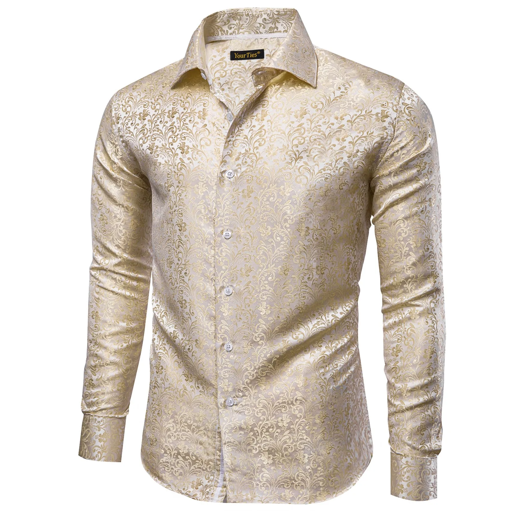 YourTies Champagne Cream Floral Jacquard Men's Silk Long Sleeve Shirt